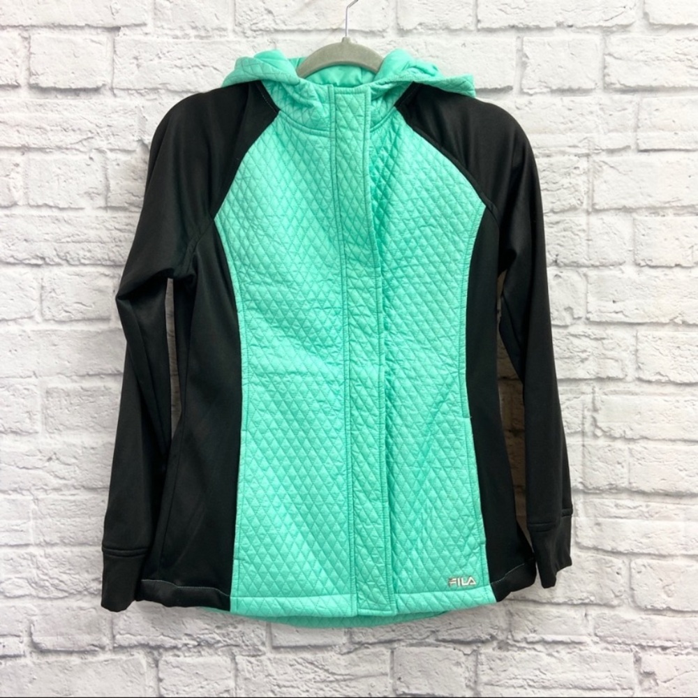 FILA Women Quilted Jacket Size M Long Sleeve Hooded Pockets Full Zip Green Black